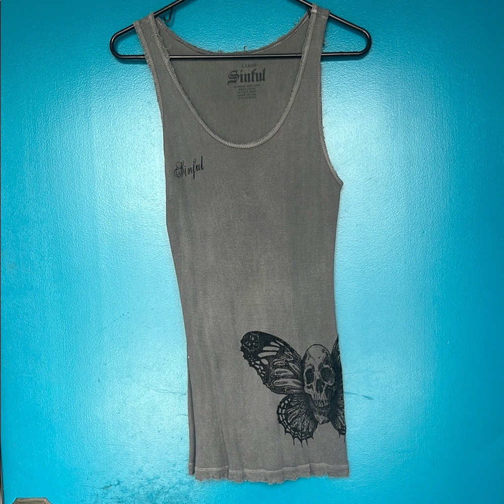 Sinful Gray Women's Tank Top with Butterfly Skull Design
Rare from early 2000s